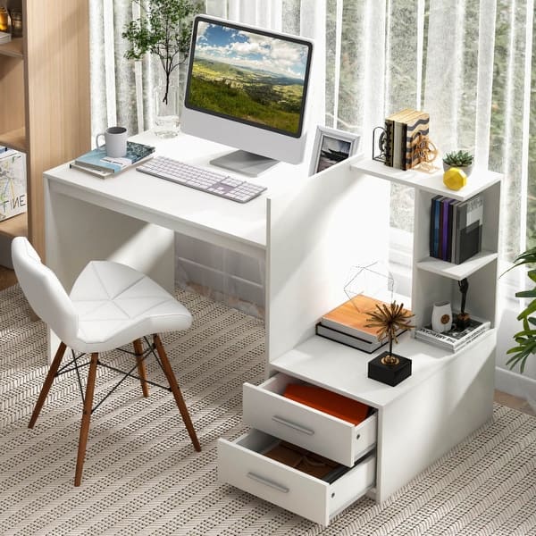 Computer Desk Home Office with Bookshelf and Drawers-White - 51'' x 24 ...