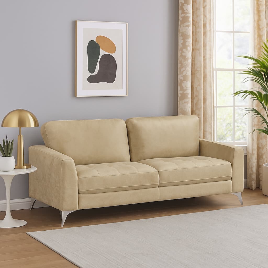 Casie Sofa, Sand Brown Microfiber Foam, Chrome Legs 77 Inch