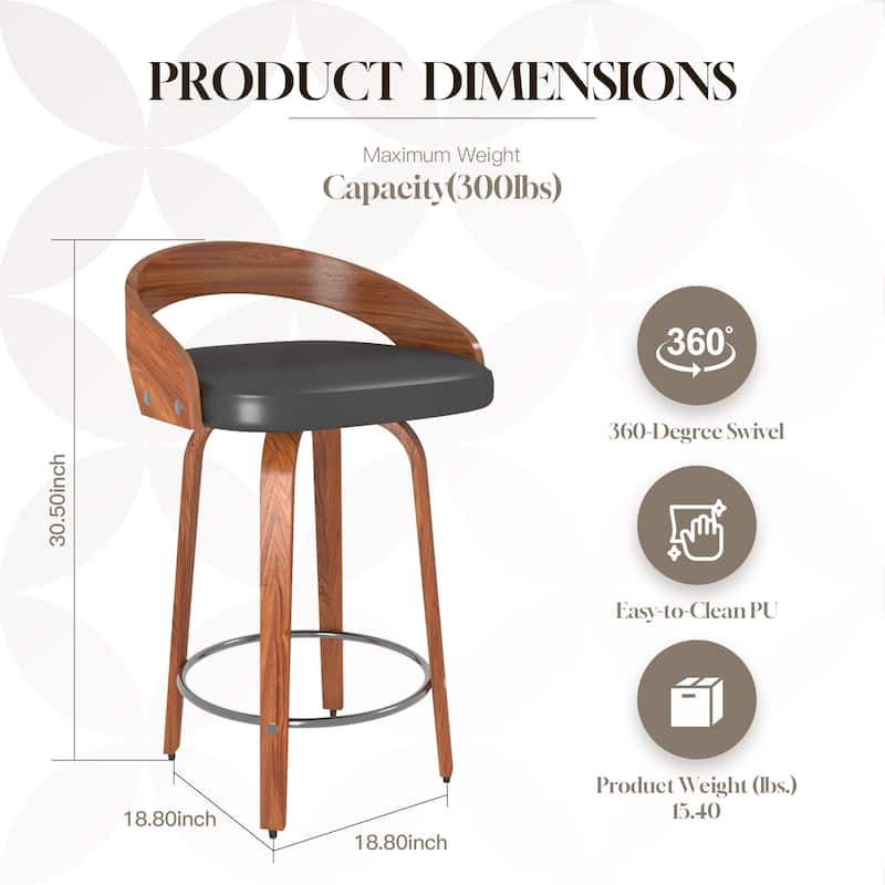 Bar Stools Set of 2, Swivel Bar Height Stools with Low Back, Wood Bar Chairs