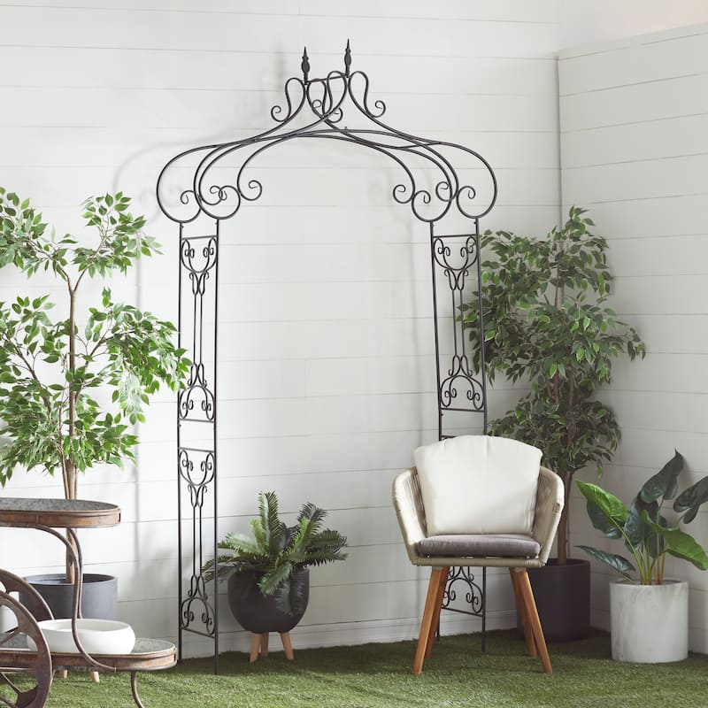 Black Metal Indoor Outdoor Scrollwork Arched Fleur De Lis Garden Arbor - Black
