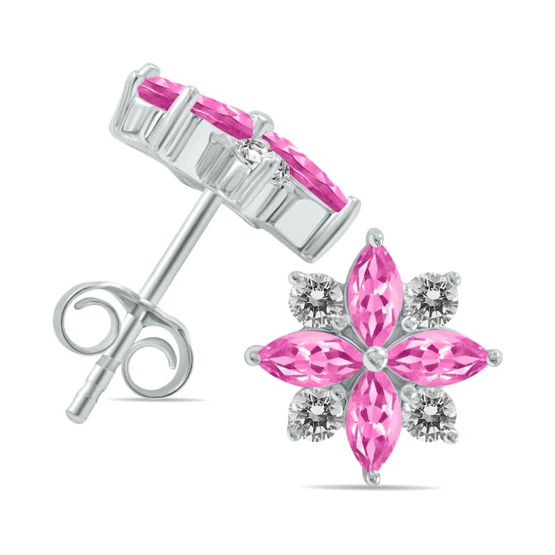 Marquee 1 Carat TW Pink Topaz and Diamond Flower Earrings in 10K White Gold