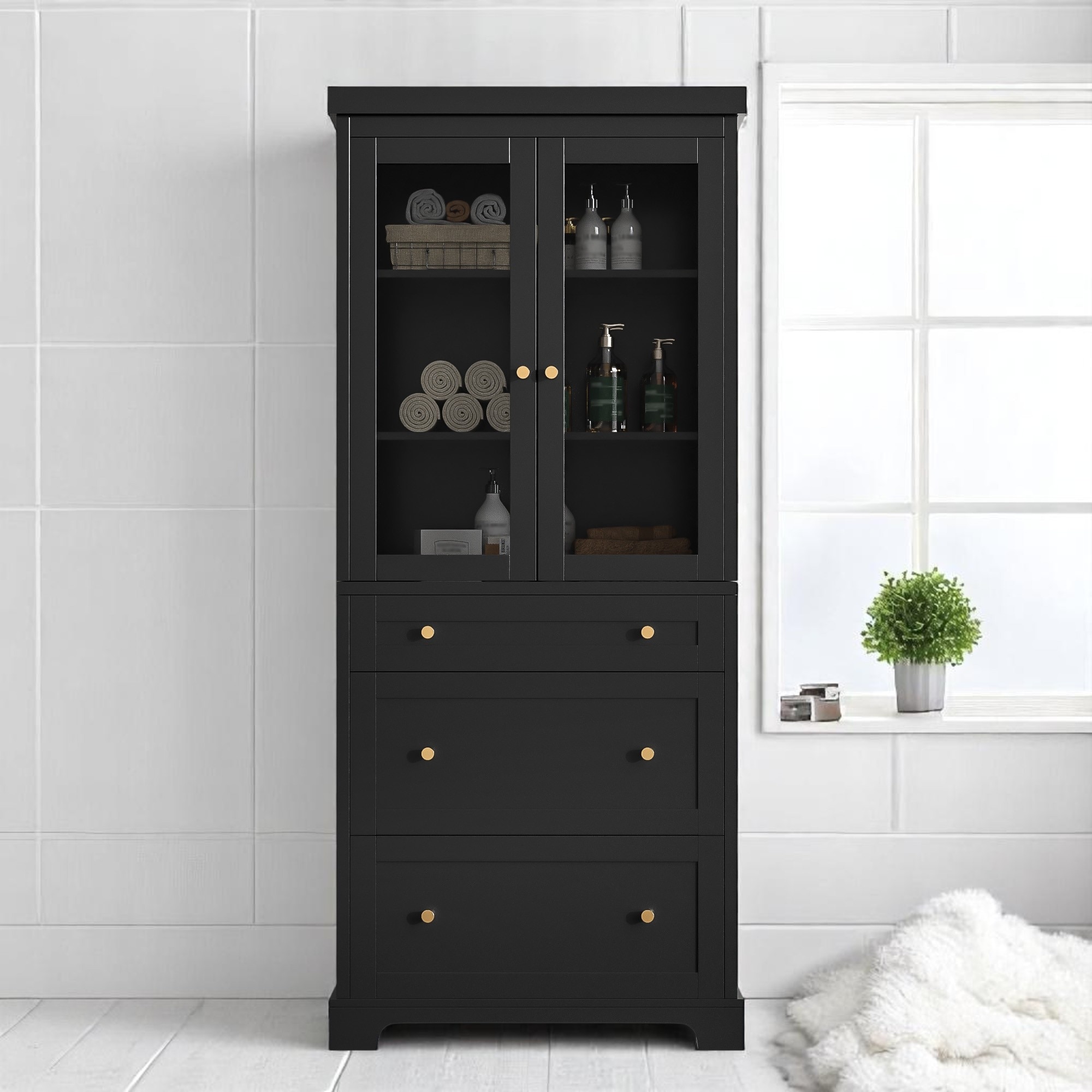 Modern Freestanding Bathroom Cabinet 70.1"H with Glass Doors, Adjustable Shelves, 3 Drawers, Anti-Tip Design
