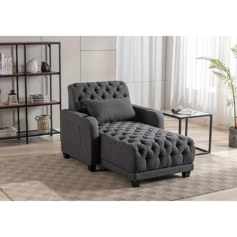 Linen Upholstered Multifunctional Tufted Wireless Charging Leisure Sleeper Armchair with 2 Cup Holders