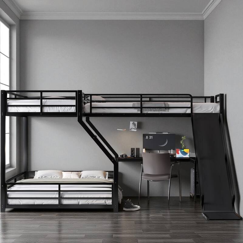 L-Shaped Metal Triple Bunk Bed with Slide & USB, Twin XL over Queen/Twin over Full with Loft, Noise-Free, Black