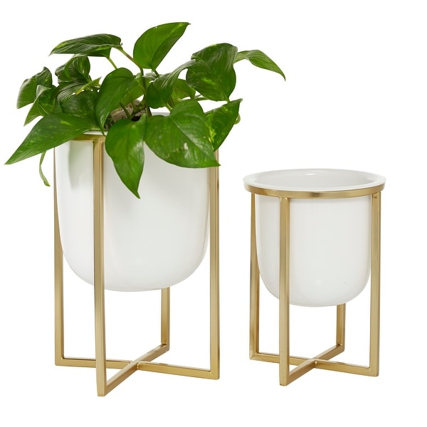 Round White Planter With Gold Metal Base Set Of 2 10" 13" - 9 x 9 x 12Round. Opens flyout.