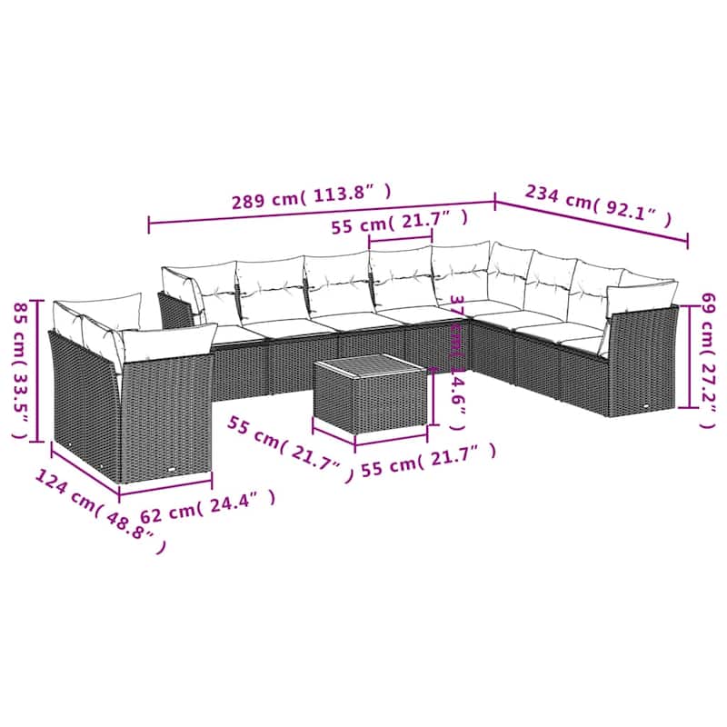 vidaXL Patio Sofa Set with Cushions Outdoor Furniture 11 Piece Poly Rattan - 24.4" x 24.4" x 27.2"