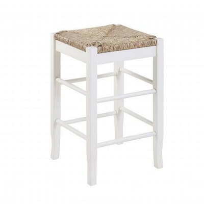 Square Wooden Frame Counter Stool with Hand Woven Rush, White and Brown