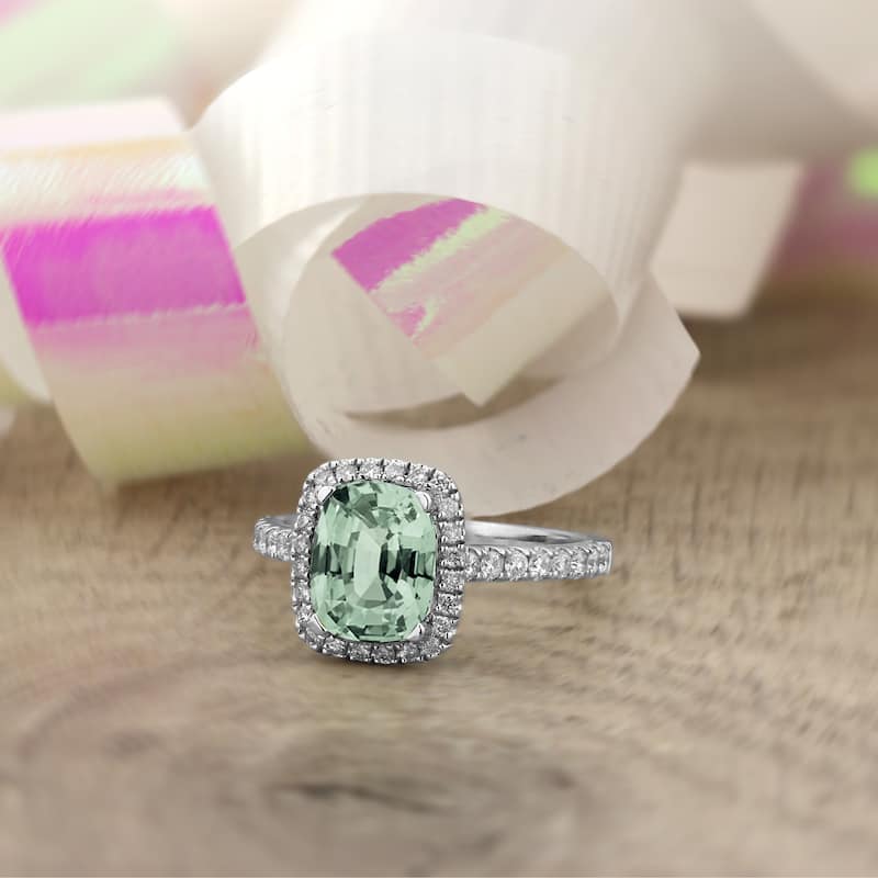 Auriya 1 1/8ct Cushion-cut Green Amethyst and Halo Diamond Engagement Ring 3/8ctw 14k Gold
