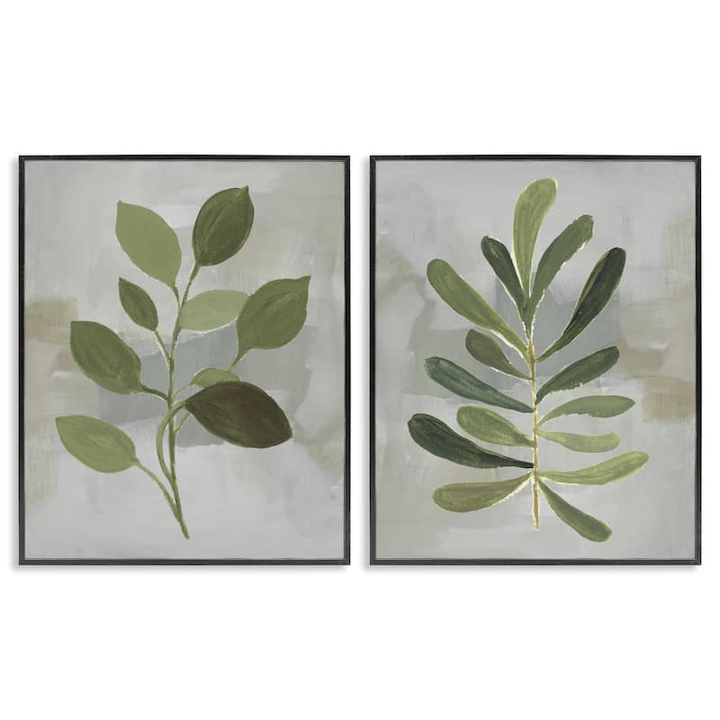 Stupell Green Leaf Branches on Grey Framed Giclee Art Design By Lanie Loreth (Set of 2) - 24 x 30 - Black
