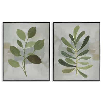 Stupell Green Leaf Branches on Grey Framed Giclee Art Design By Lanie Loreth (Set of 2)