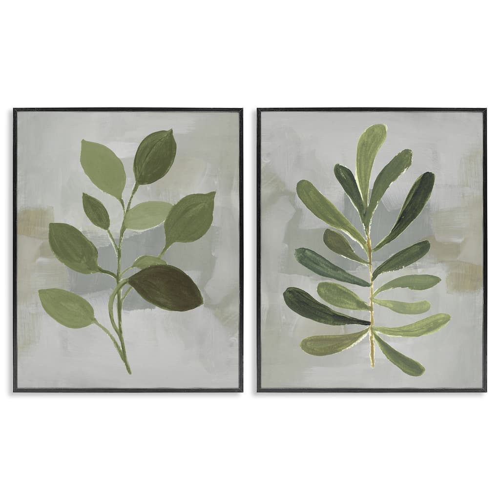 Stupell Green Leaf Branches on Grey Framed Giclee Art Design By Lanie Loreth (Set of 2)