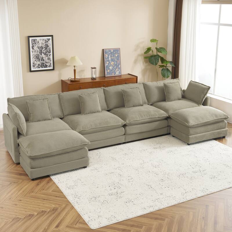 Modern Sofa Modular Sofa Couch Upholstered Corduroy L-Shape Sectional Sofa with Side Storage Pockets for Living Room - Brown