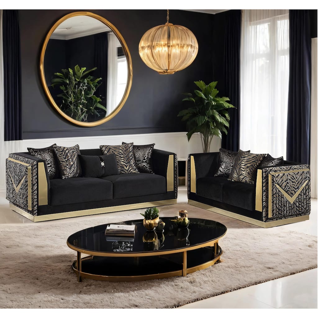 Furniture of America Ospray Glam 2-Piece Black Velvet Upholstered Zebra Print Sofa Set