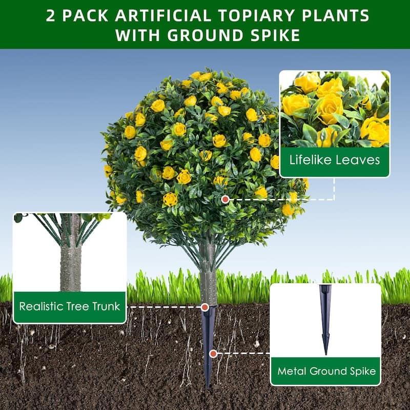 Set of 2/4 Artificial Topiary Ball Trees with Metal Stakes with Rose Flowers