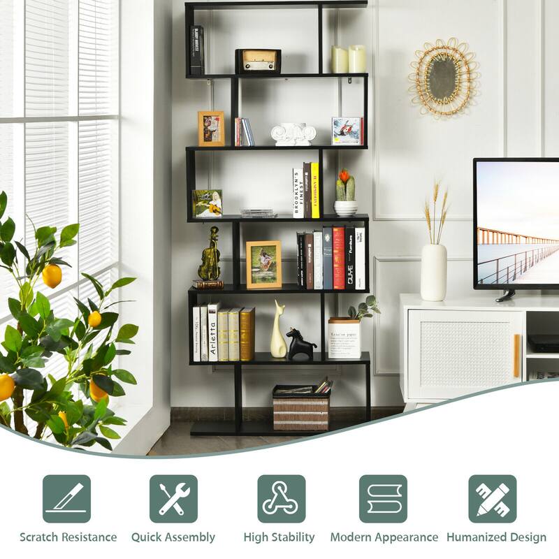 Gymax 2 PCS 6 Tier S-Shaped Bookshelf Storage Display Bookcase Z-Shelf - 31.5'' x 9'' x 75''