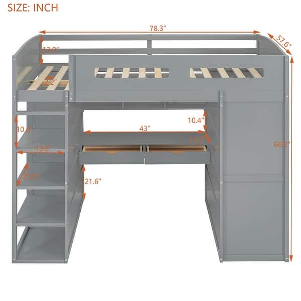 Full Size Loft Bed Kids Bed with Desk, Wardrobes, 4 Drawers and 4 Shelves,Left-Side Storage and Drawers