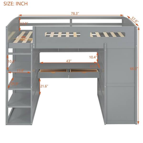 dimension image slide 0 of 3, Full Size Wooden Loft Bed, Multifunctional Loft Bed Frame with Desk, Wardrobes, 4 Drawers and 4 Shelves for Kids Teen Adults