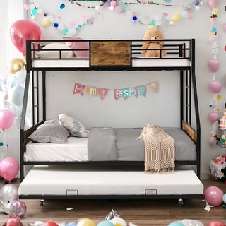 Twin Over FULL Metal Bunk Bed with Trundle 2-Side Ladder and Full-Length Guardrail, No Box Spring Needed