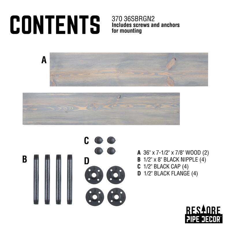 PIPE DECOR 36" Solid Wood Wall Shelves with Rustic Black Industrial Steel Pipe Brackets, Set of 2