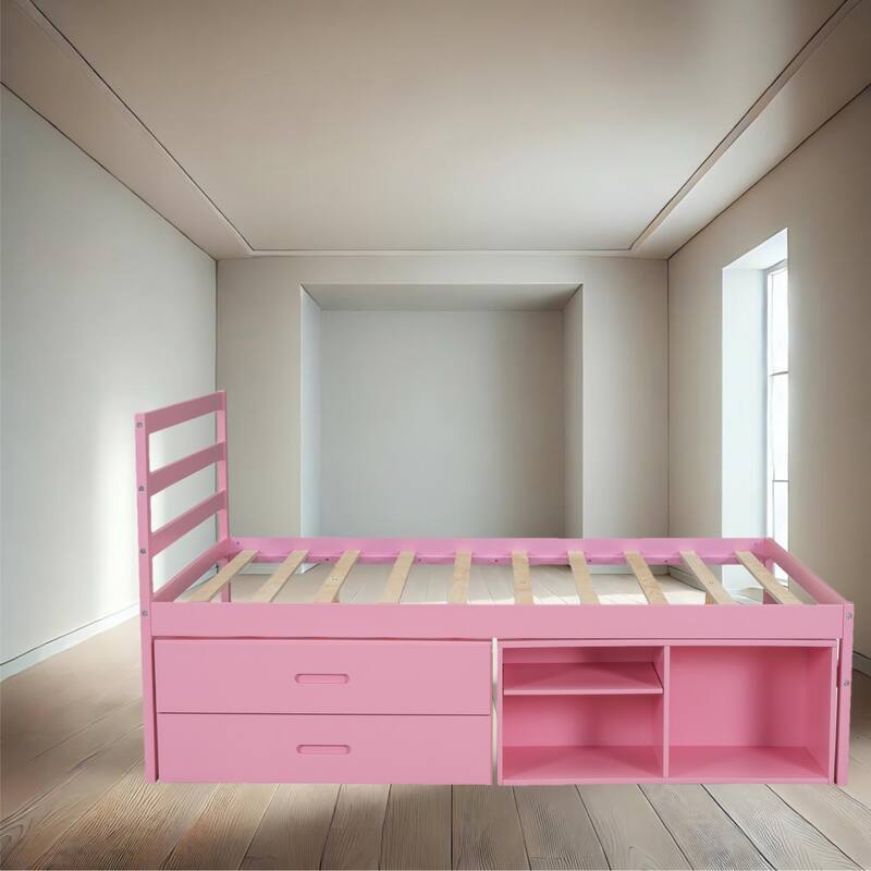 Pink Full Size Platform Bed with Under-Bed Storage Drawers, Removable Shelves, Solid Wood Frame - Pink