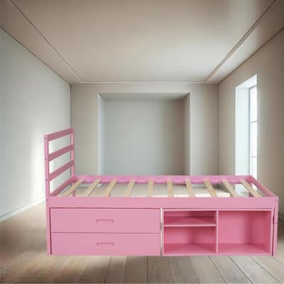 Pink Full Size Platform Bed with Under-Bed Storage Drawers, Removable Shelves, Solid Wood Frame
