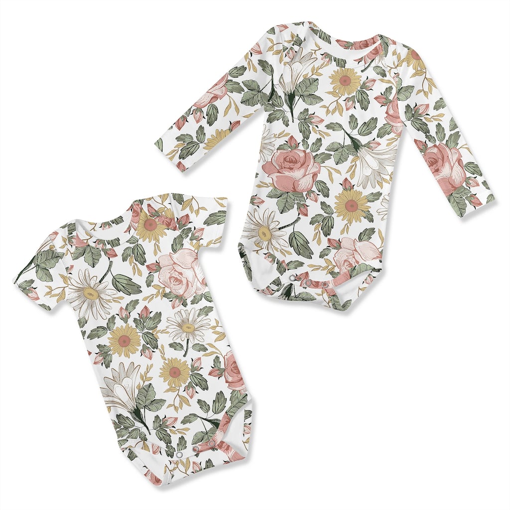 Sweet Jojo Designs Vintage Floral Boho Girl 0-6M Baby Clothes Bodysuits 2 Pack Set Blush Pink Bohemian Shabby Chic Farmhouse