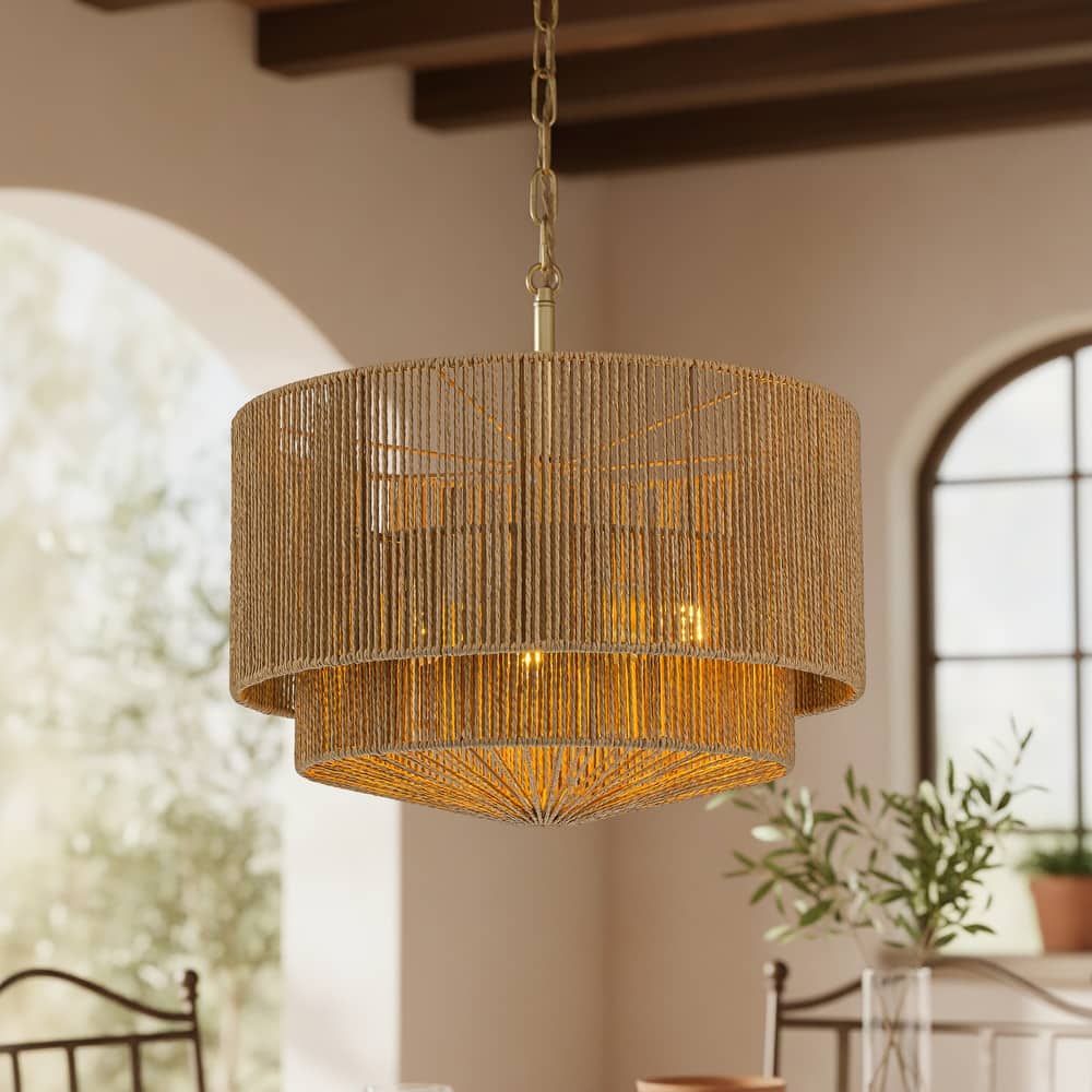 Armida 3-Light Rattan Rope Tiered Drum Pendant, Coastal Boho - Handwoven