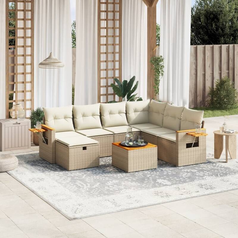 vidaXL Patio Sofa Set with Cushions Outdoor Conversation Furniture Poly Rattan - Beige with table - 27.8 x 9.2 x 36.3 in