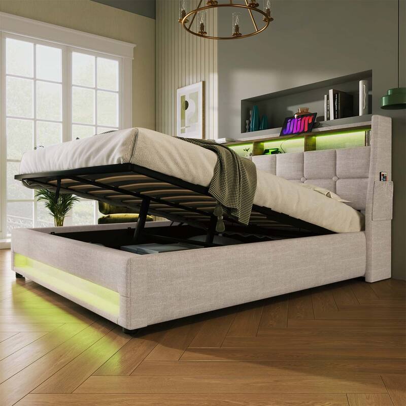 Vintage Design Platform Bed with Hydraulic Storage,LED, and USB Charging,(Mattress Not Included)