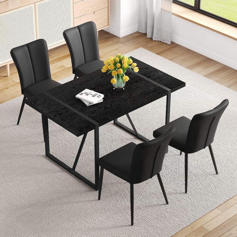 Kitchen Dining Table Set for 4-6 People, Rectangular Wooden Table with Faux Leather Dining Chairs - Black - 5-Piece