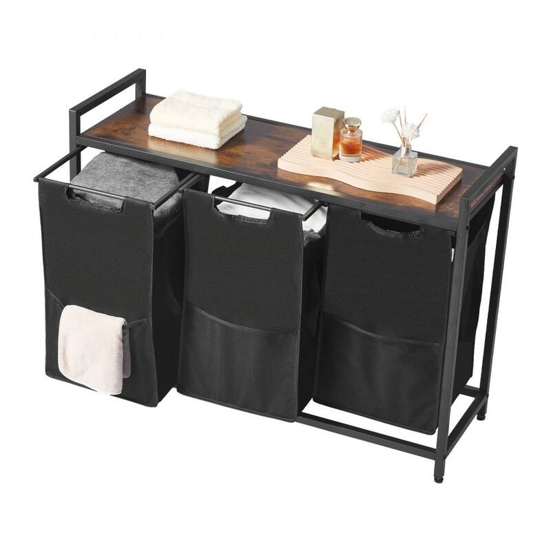 36.5 Gallon Black 3-Bag Laundry Hamper Sorter with Sturdy Steel Frame and Wooden Tabletop - 38.58 x 12.99 x 27.95 in