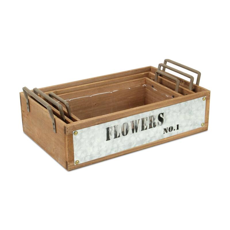 Brown Wood and Galvanized Metal Jardin Fleurs Stamped Crate (Set of 3)