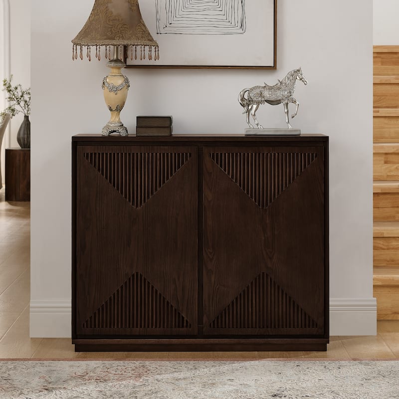 Roomfitters V-Shape Fluted Sideboard Cabinet Mid-Century Modern Storage Console Buffet for Entryway & Coffee Bar - Dark Walnut