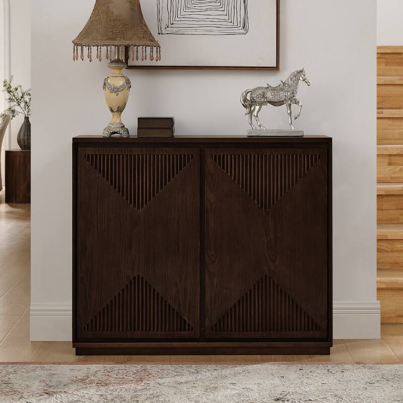 V-Shaped Fluted Sideboard Storage Cabinet with Shelves, Buffet Cabinet Dining Cabinet Cupboard Entry Cabinet - Dark Walnut