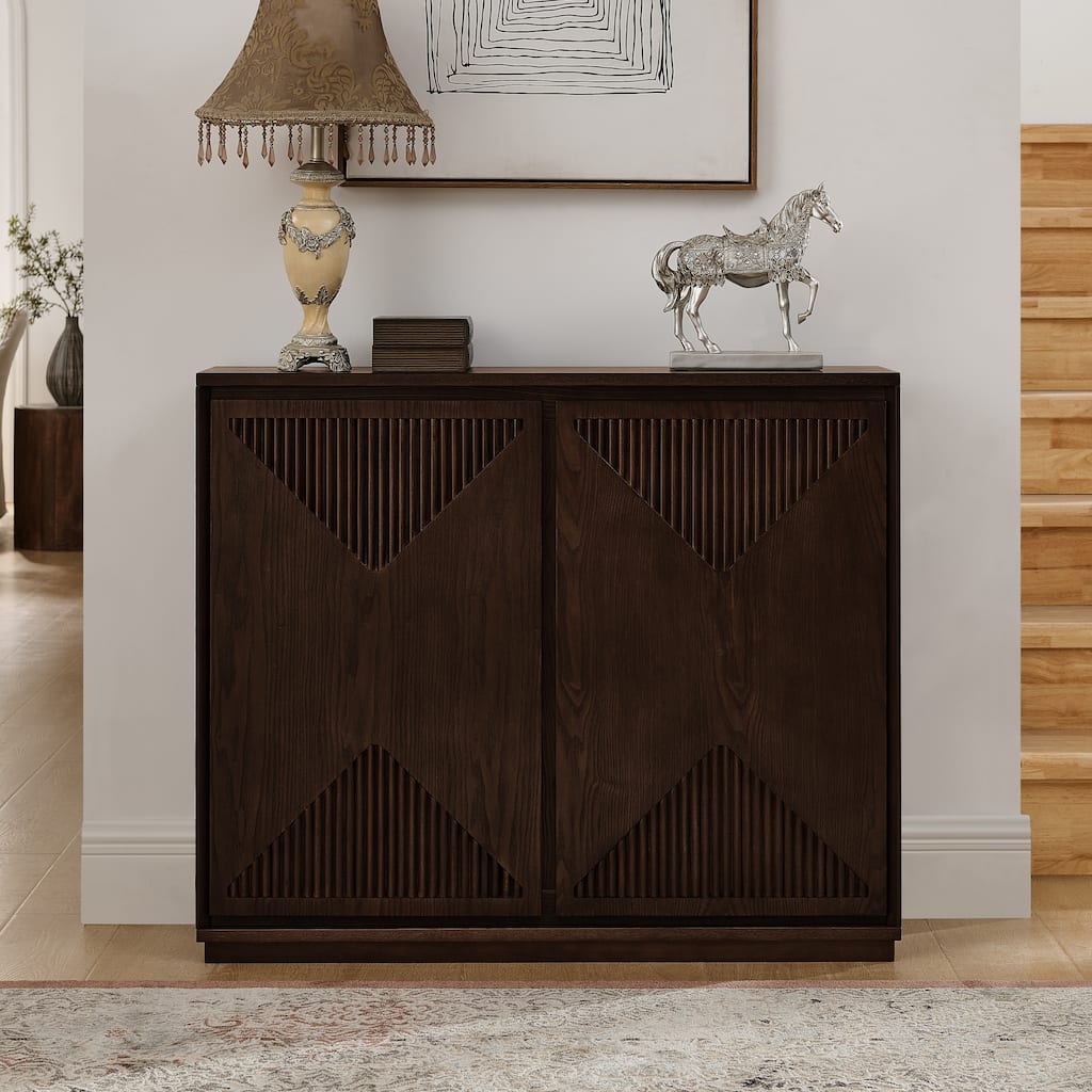 V-Shaped Fluted Storage Cabinet, Multi-Functional Narrow Side Cabinet, Wood Buffet Cabinet with 2 Doors & 2 Outlet Holes
