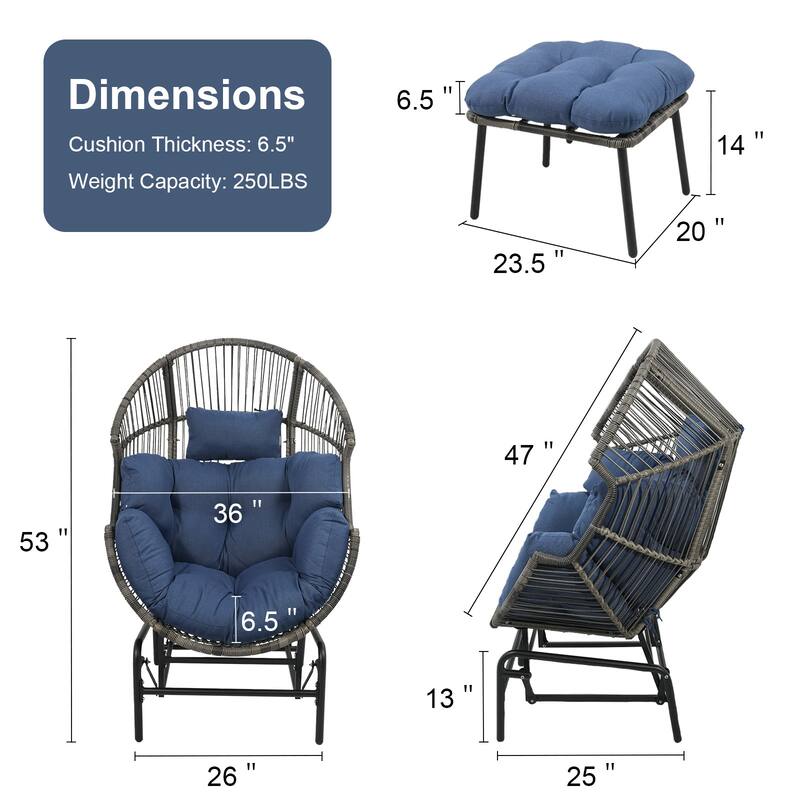 Outdoor Glider Egg Chair with Ottoman Blue Cushion - Grey