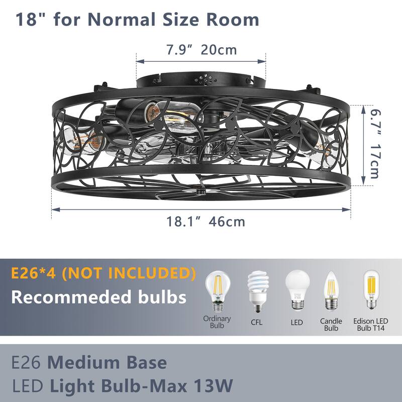 18-inch Black Vintage Caged Ceiling Fan Light - Quiet Operation, Remote Control, Industrial Style(Bulb Not Included)