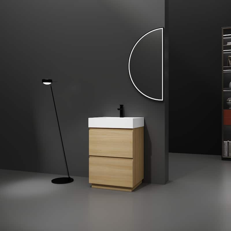 24" Bathroom Vanities with Single Sink Combo, Modern Undermount Bathroom Sink Cabinet with Double drawer - Oak