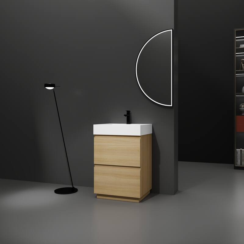 Elegant 24-Inch Bathroom Vanity with Single Resin Sink, 2 Drawers, Waterproof Finish, and Pre-Drilled Faucet Hole - Oak