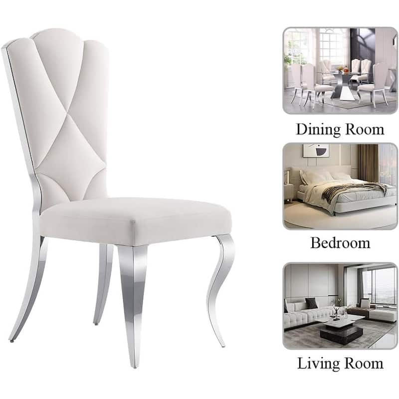 Modern Gorgeous High Back Dining Chairs White Velvet Upholstered Dining Room Chairs with Silver Metal Legs