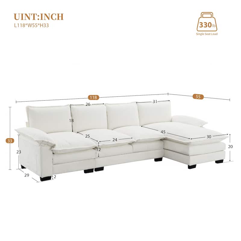 [VIDEO provided][New]118*55" Modern L-shaped Chenille Cloud Sofa with Double Seat Cushions,5-seat Upholstered Indoor Furniture,S