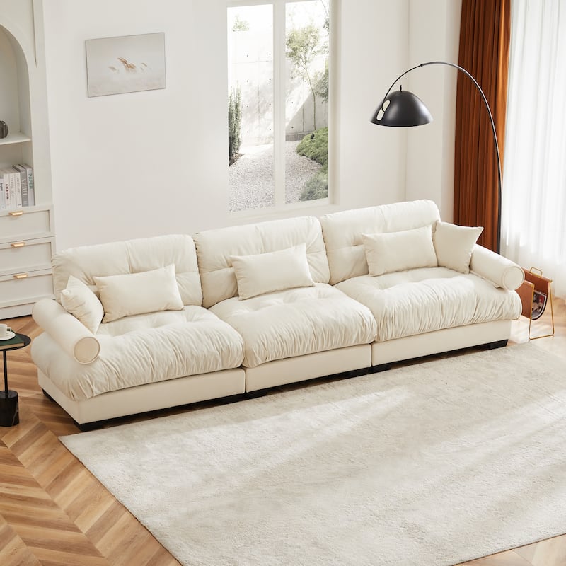 130" Oversized Velvet Modular Sofa, 3 Seater Modern Sectional Sofa with Bolstered Armrests, Upholstered Couches for Living Room - Cream