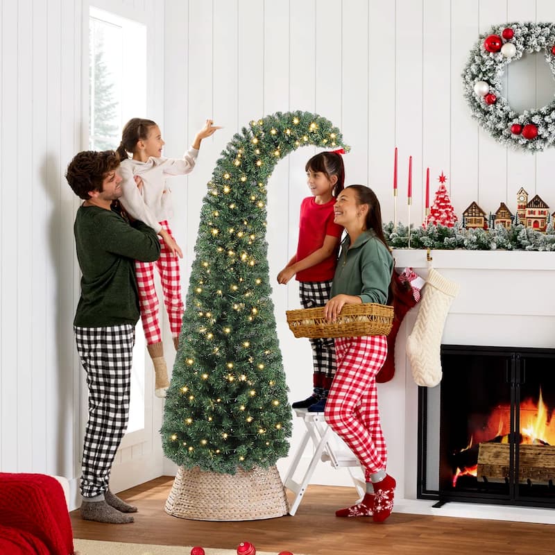 HOMCOM 6 ft Prelit Bent Top Christmas Tree, Slim High Mountain Fir Holiday Decor with 200 Warm White LEDs and with 8 Modes