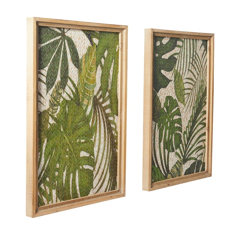 Wood Leaf Tropical Wall Decor with Brown Frame - Set of 2 Green - Roche River Decor