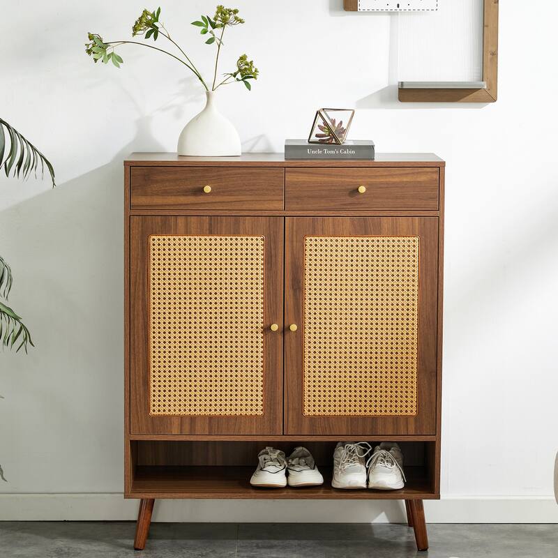 Rattan Weaving Shoe Cabinet, Multi-Functional Shoe Rack Organizer, Sideboard Buffet with Top Drawers & Lower Cabinet Doors