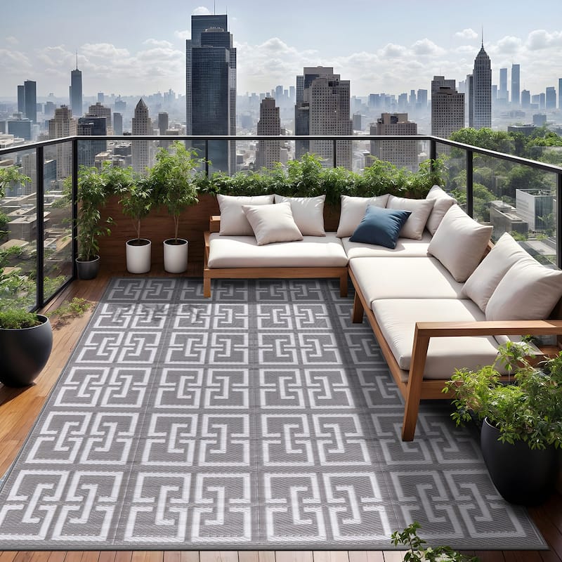 Beverly Rug Geometric Greek Key Outdoor Rug Waterproof for Patio, RV Camping
