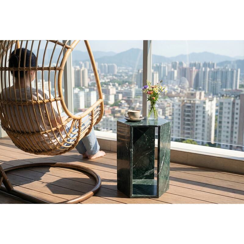 Roomfitters Luxury Natural Marble Hexagon Side Table, Solid Stone Geometric Pedestal End Table, Polished Finish