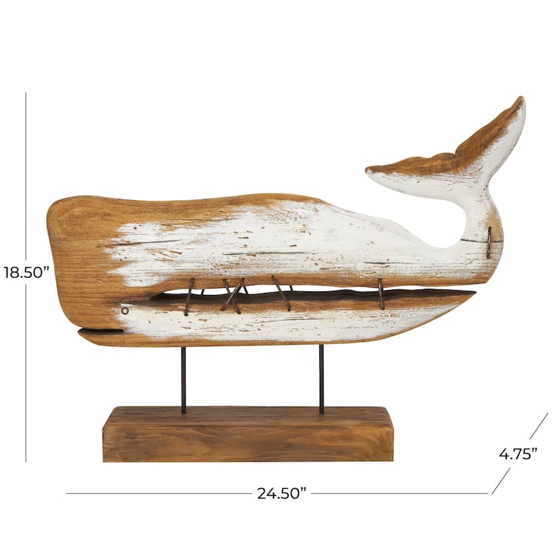 Brown Wood Handmade Whale Decorative Sculpture with Painted White Accents and Metal Details