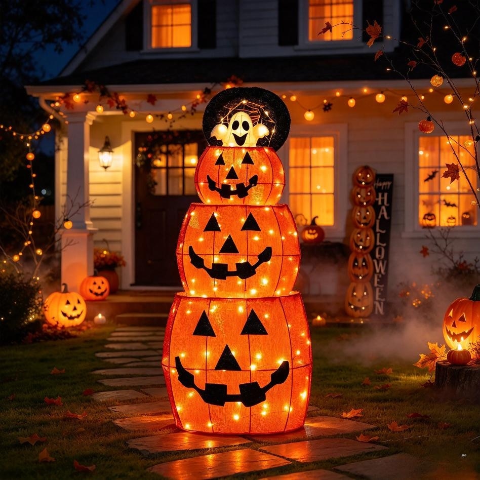 Glitzhome 4FT Halloween Collapsible Inflatable 3 Pumpkins Stack Jack-O-Lantern Outdoor Decor