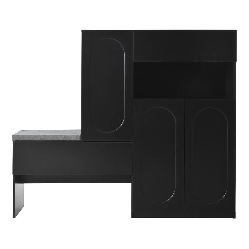Elegant 2-in-1 Shoe Cabinet with Soft Cushion, Modern Storage Bench with Arched Doors, Black - 51.1" W × 13.7" D × 43.4" H